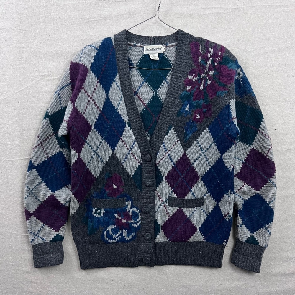 VTG JH Collectibles Cardigan Sweater Women M Grey Argyle Floral Lambswool Angora